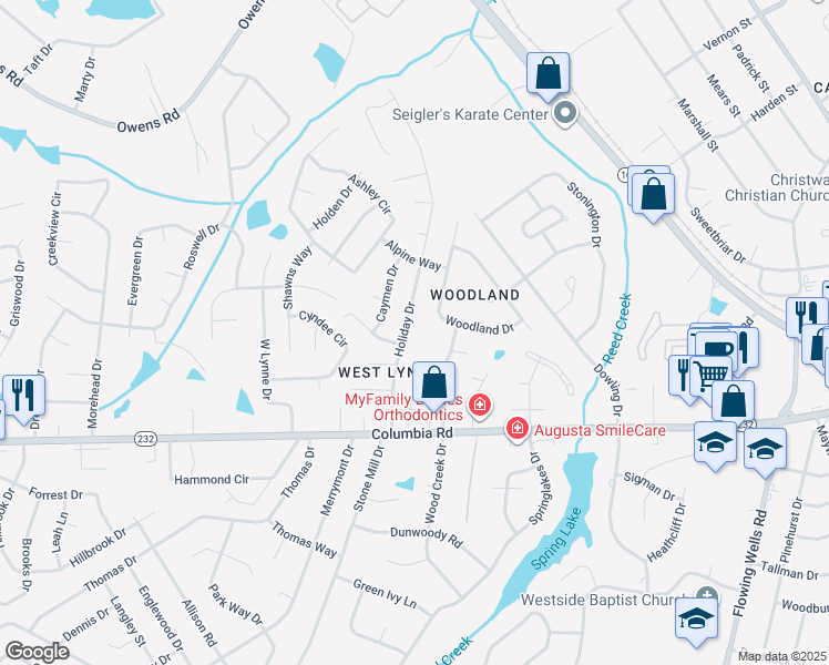 map of restaurants, bars, coffee shops, grocery stores, and more near 128 Holiday Drive in Martinez