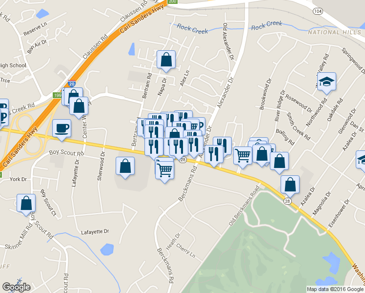 map of restaurants, bars, coffee shops, grocery stores, and more near 2801 Washington Road in Augusta