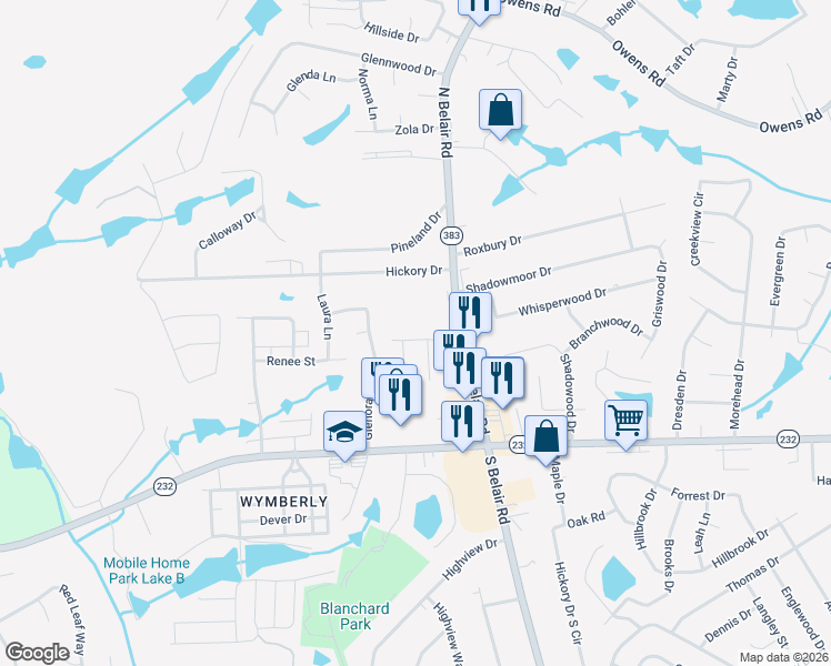 map of restaurants, bars, coffee shops, grocery stores, and more near 4561 Pinewood Drive in Evans