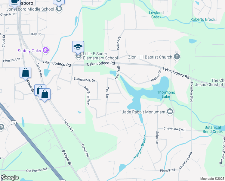 map of restaurants, bars, coffee shops, grocery stores, and more near 1550 Teal Place in Jonesboro