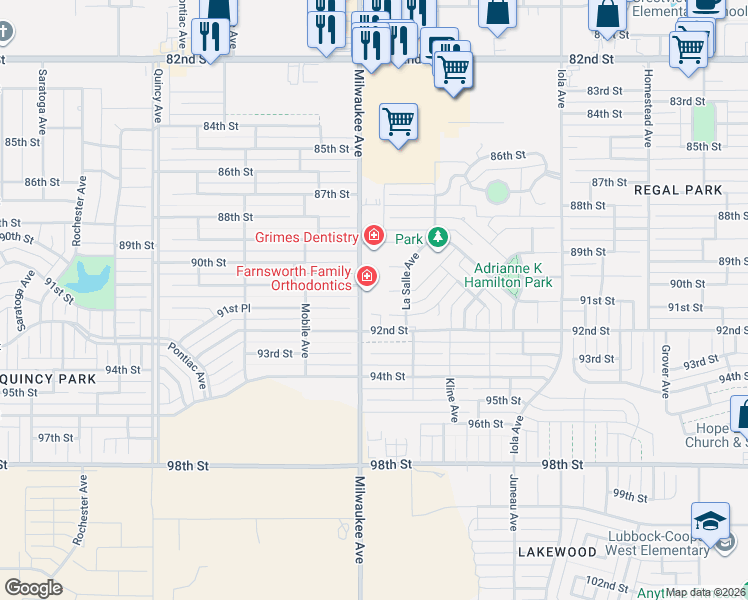 map of restaurants, bars, coffee shops, grocery stores, and more near 8253-8267 Milwaukee Avenue in Lubbock