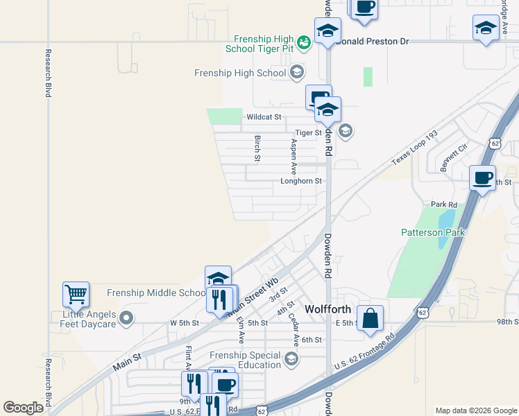 map of restaurants, bars, coffee shops, grocery stores, and more near 319 Longhorn Street in Wolfforth