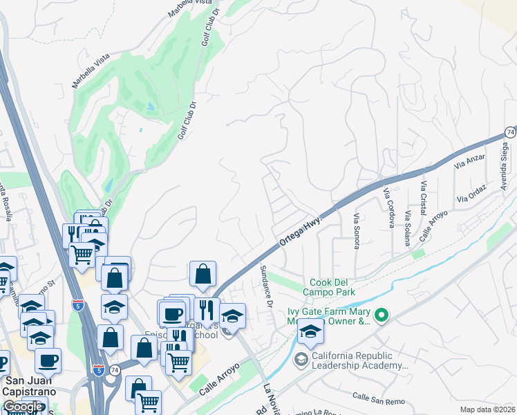 map of restaurants, bars, coffee shops, grocery stores, and more near 49 Avenida Victoria in San Juan Capistrano