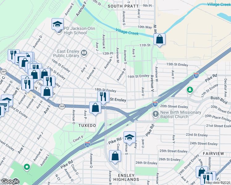 map of restaurants, bars, coffee shops, grocery stores, and more near 1846 18th Street Ensley in Birmingham