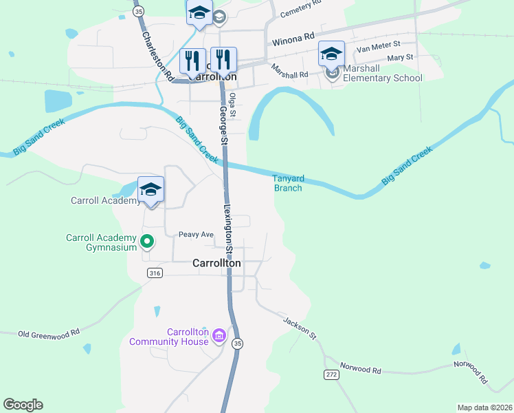 map of restaurants, bars, coffee shops, grocery stores, and more near 107 Bingham Street in Carrollton