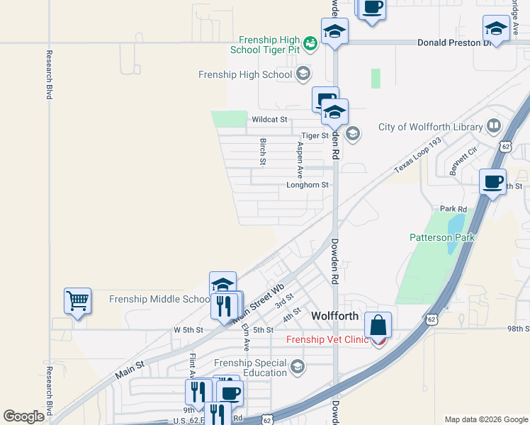 map of restaurants, bars, coffee shops, grocery stores, and more near 319 Longhorn Street in Wolfforth