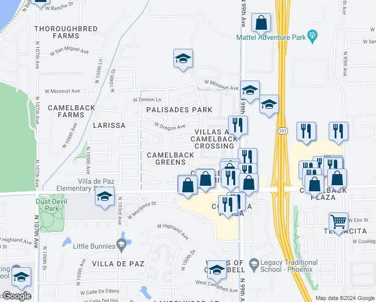 map of restaurants, bars, coffee shops, grocery stores, and more near 10106 West Medlock Drive in Glendale