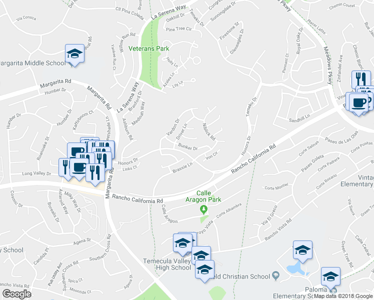 map of restaurants, bars, coffee shops, grocery stores, and more near 31049 Bunker Drive in Temecula