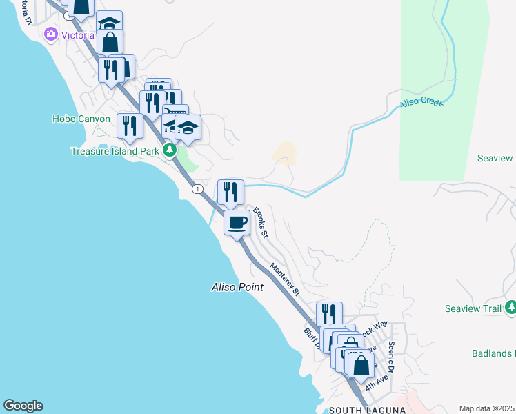 map of restaurants, bars, coffee shops, grocery stores, and more near 31102 Brooks Street in Laguna Beach