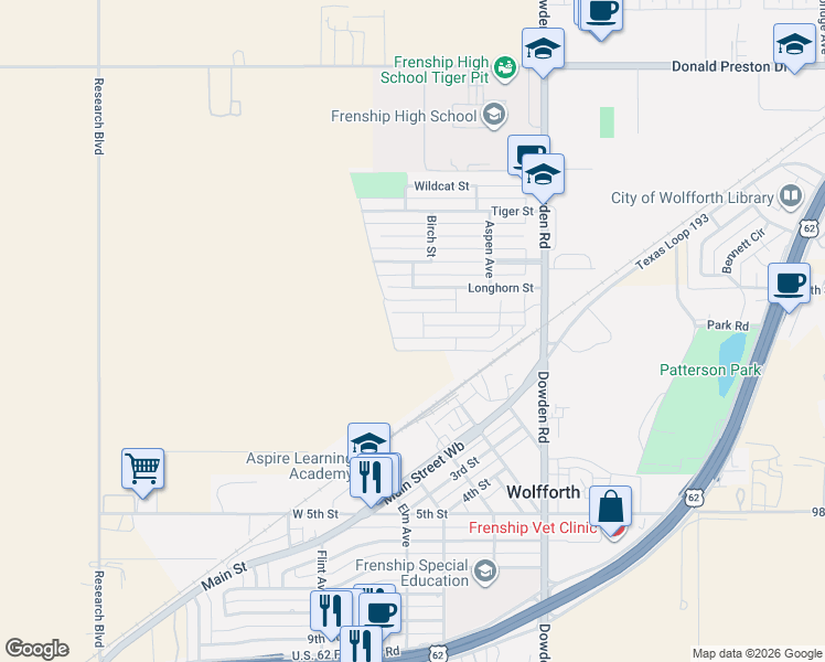 map of restaurants, bars, coffee shops, grocery stores, and more near 319 Longhorn Street in Wolfforth