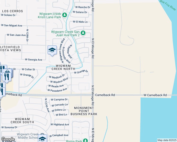map of restaurants, bars, coffee shops, grocery stores, and more near 12326 West Orange Drive in Litchfield Park