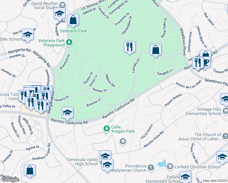 map of restaurants, bars, coffee shops, grocery stores, and more near 31074 Iron Circle in Temecula