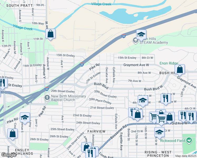 map of restaurants, bars, coffee shops, grocery stores, and more near 2741 17th Street Ensley in Birmingham