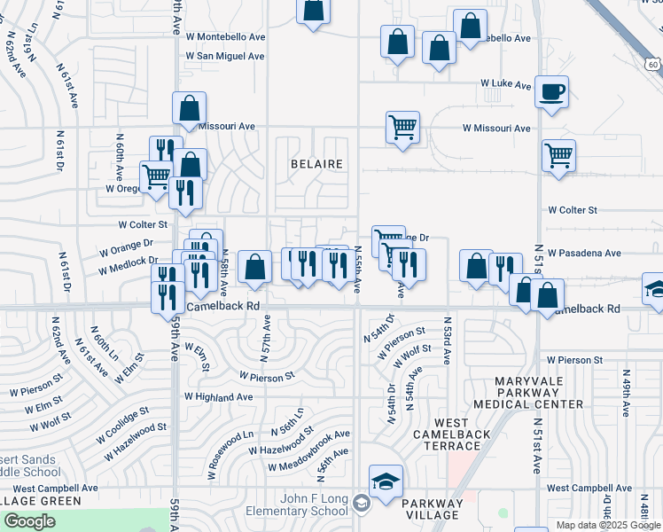 map of restaurants, bars, coffee shops, grocery stores, and more near 5038 North 55th Avenue in Glendale