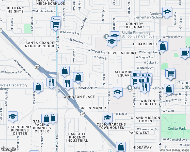 map of restaurants, bars, coffee shops, grocery stores, and more near 3939 West Medlock Drive in Phoenix