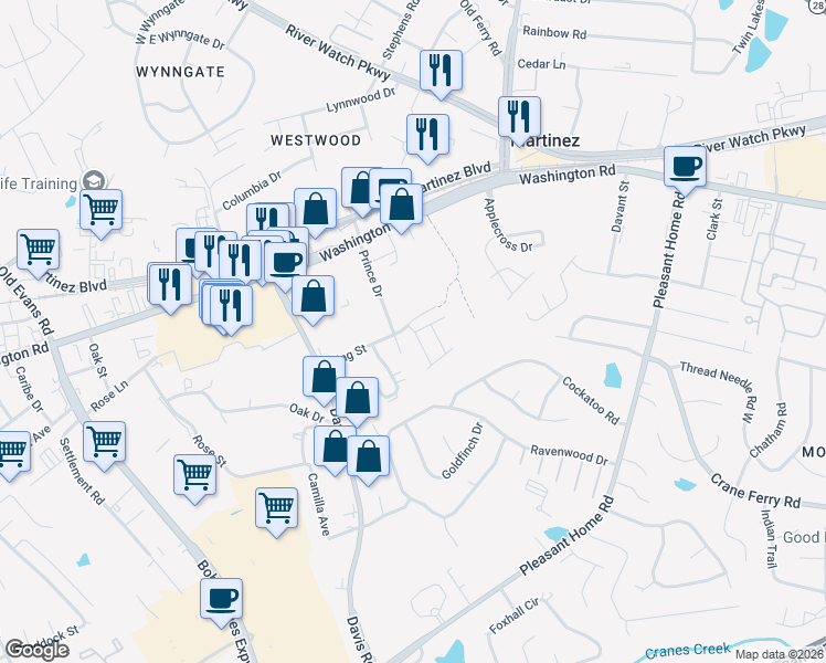 map of restaurants, bars, coffee shops, grocery stores, and more near 132 Prince Drive in Martinez