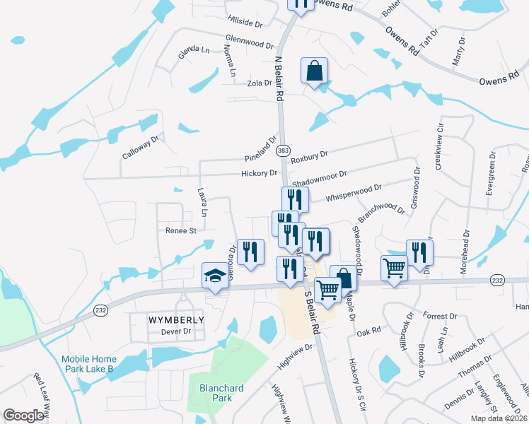 map of restaurants, bars, coffee shops, grocery stores, and more near 4561 Pinewood Drive in Evans