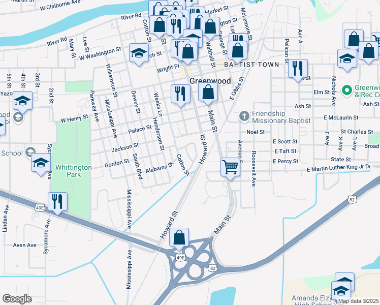 map of restaurants, bars, coffee shops, grocery stores, and more near 1105 Peace Street in Greenwood