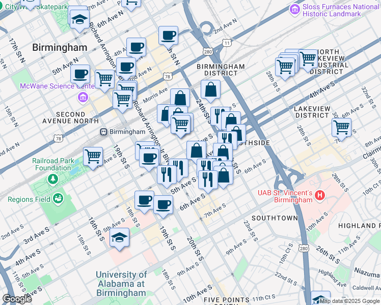 map of restaurants, bars, coffee shops, grocery stores, and more near 2217 3rd Avenue South in Birmingham