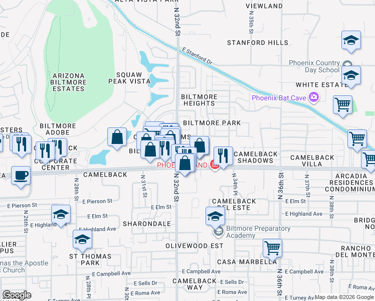 map of restaurants, bars, coffee shops, grocery stores, and more near 5055 North 32nd Street in Phoenix