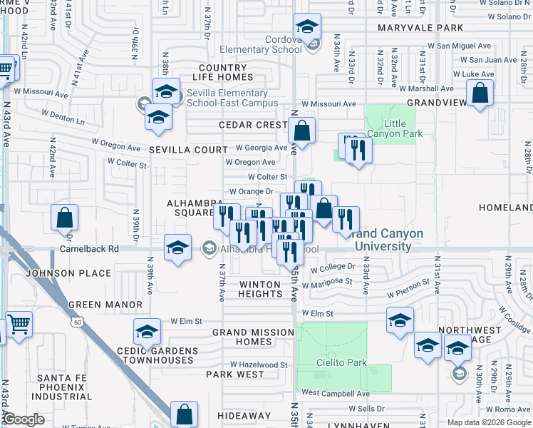 map of restaurants, bars, coffee shops, grocery stores, and more near 5052 North 35th Drive in Phoenix