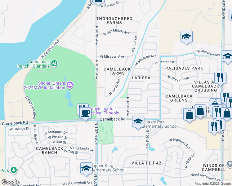 map of restaurants, bars, coffee shops, grocery stores, and more near 5251 North 106th Avenue in Glendale