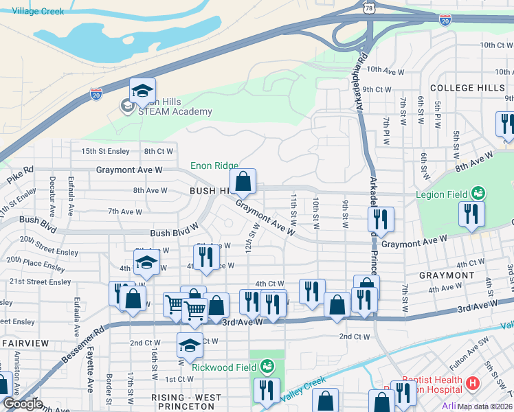 map of restaurants, bars, coffee shops, grocery stores, and more near 1136 7th Avenue West in Birmingham