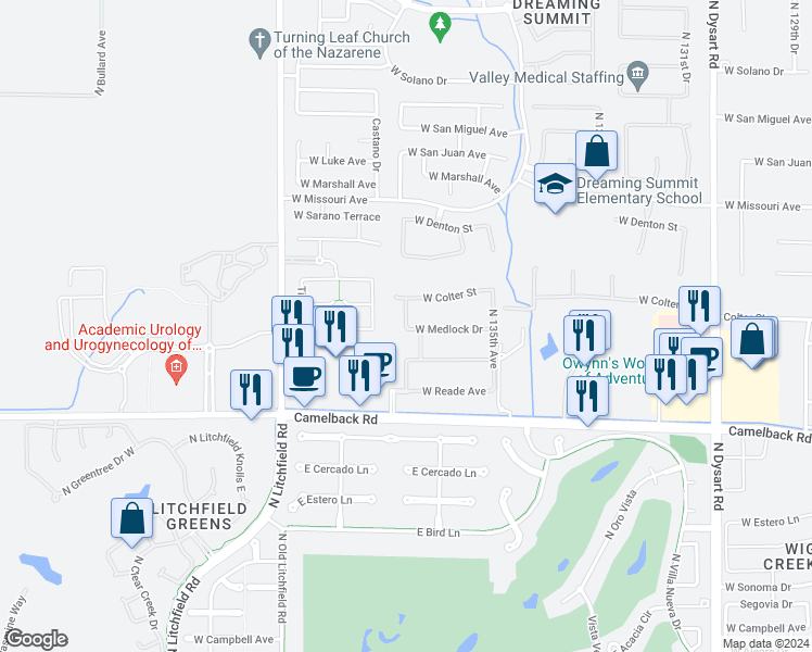 map of restaurants, bars, coffee shops, grocery stores, and more near 18846 West Medlock Drive in Litchfield Park