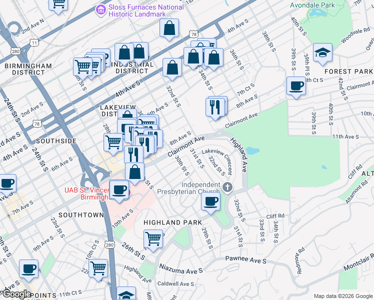 map of restaurants, bars, coffee shops, grocery stores, and more near 3101 Clairmont Avenue in Birmingham