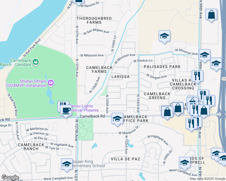 map of restaurants, bars, coffee shops, grocery stores, and more near 10461 West Orange Drive in Glendale