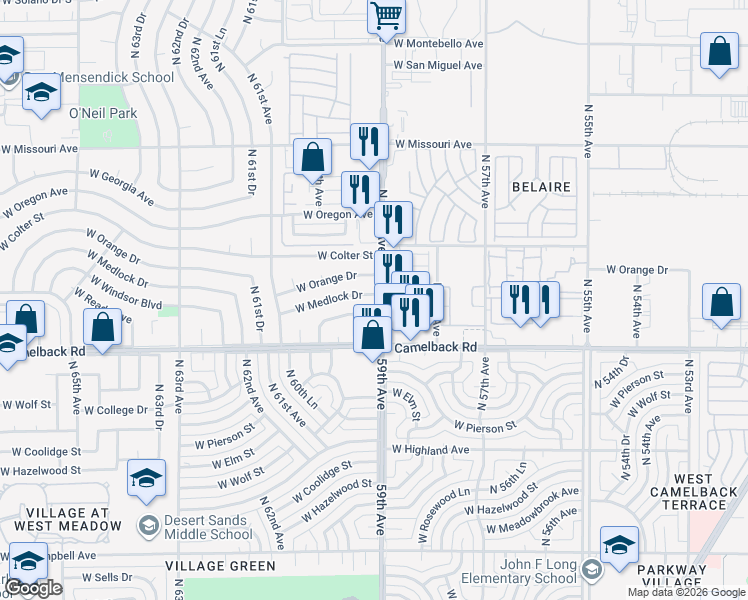 map of restaurants, bars, coffee shops, grocery stores, and more near 59 West Medlock Drive in Glendale