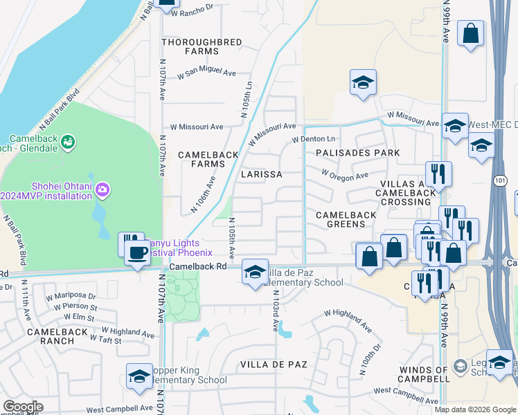map of restaurants, bars, coffee shops, grocery stores, and more near 10424 West Medlock Drive in Glendale