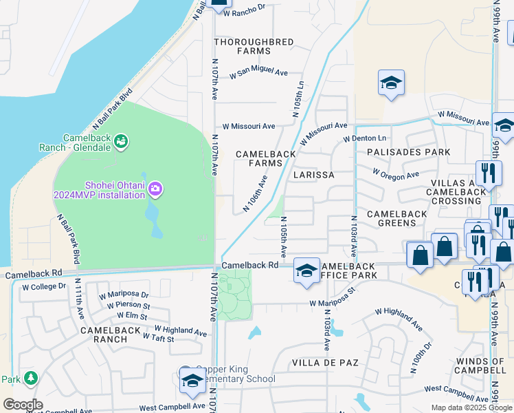 map of restaurants, bars, coffee shops, grocery stores, and more near 5251 North 106th Avenue in Glendale