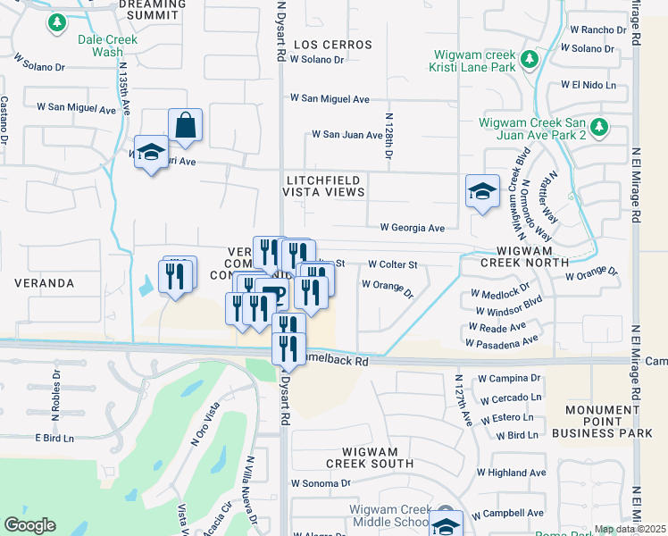 map of restaurants, bars, coffee shops, grocery stores, and more near 5110 North 129th Avenue in Litchfield Park