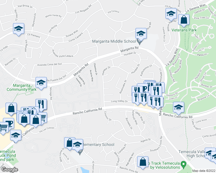 map of restaurants, bars, coffee shops, grocery stores, and more near 30278 Mersey Court in Temecula