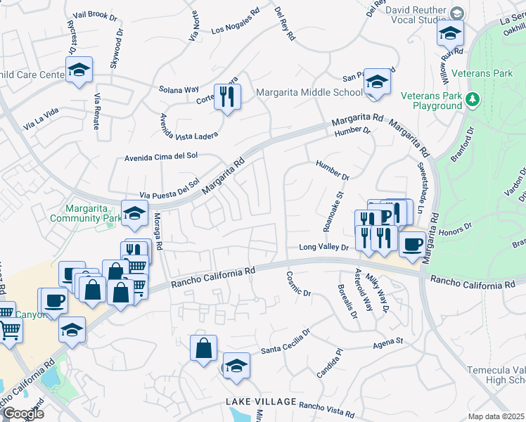 map of restaurants, bars, coffee shops, grocery stores, and more near 30108 Willow Drive in Temecula