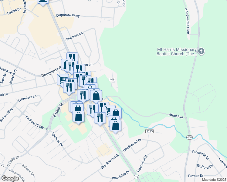map of restaurants, bars, coffee shops, grocery stores, and more near 121 Roger's Country Lane in Aiken