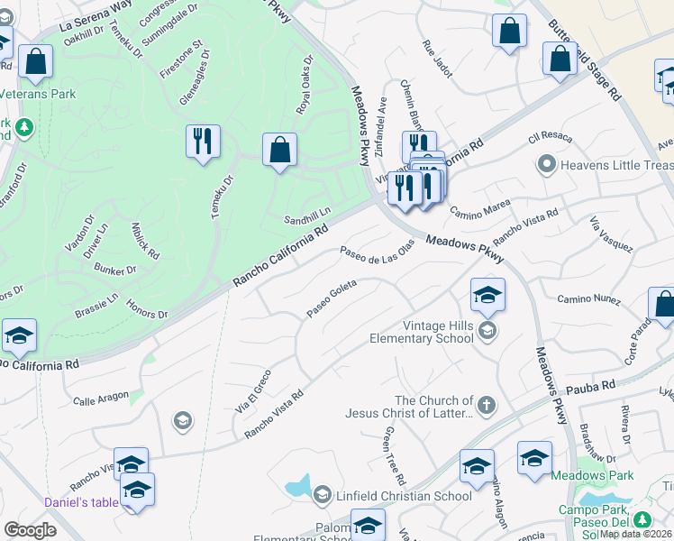 map of restaurants, bars, coffee shops, grocery stores, and more near 31593 Corte Salinas in Temecula