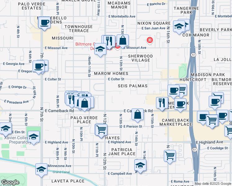 map of restaurants, bars, coffee shops, grocery stores, and more near 1241 East Medlock Drive in Phoenix