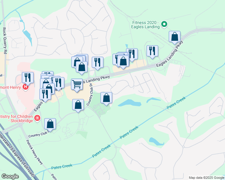 map of restaurants, bars, coffee shops, grocery stores, and more near 132 Eagles Club Drive in Stockbridge