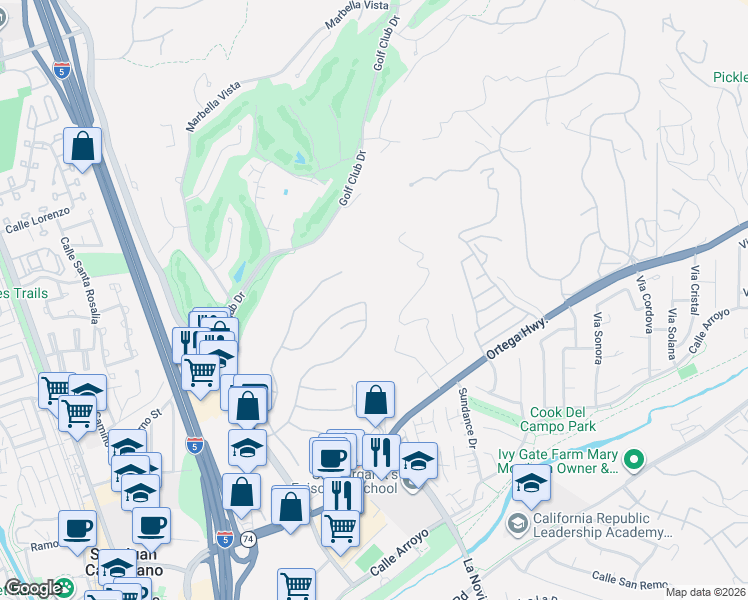 map of restaurants, bars, coffee shops, grocery stores, and more near 27562 Calle De La Rosa in San Juan Capistrano