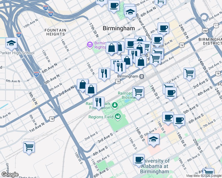 map of restaurants, bars, coffee shops, grocery stores, and more near 1605 1st Avenue North in Birmingham