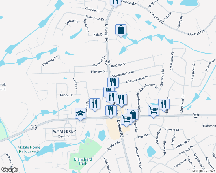 map of restaurants, bars, coffee shops, grocery stores, and more near 132 North Belair Road in Evans