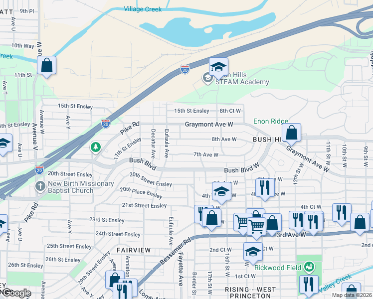 map of restaurants, bars, coffee shops, grocery stores, and more near 1720 7th Avenue West in Birmingham