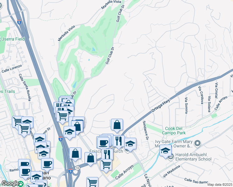 map of restaurants, bars, coffee shops, grocery stores, and more near 27562 Calle De La Rosa in San Juan Capistrano