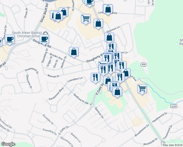 map of restaurants, bars, coffee shops, grocery stores, and more near 178 Shelby Dr in Aiken