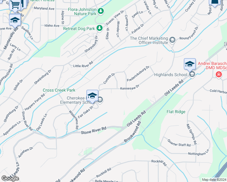 map of restaurants, bars, coffee shops, grocery stores, and more near 4349 Kennesaw Drive in Birmingham