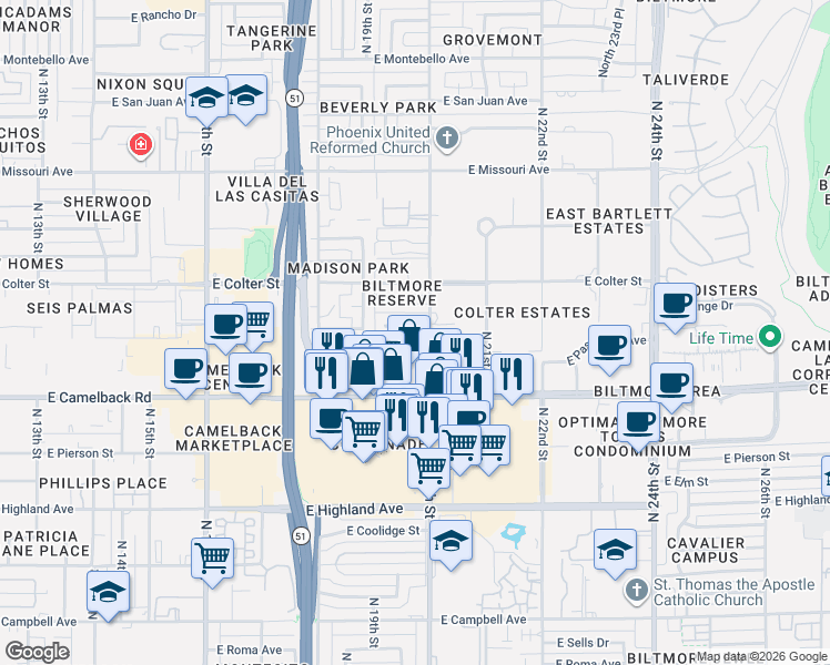 map of restaurants, bars, coffee shops, grocery stores, and more near 1935 East Medlock Drive in Phoenix