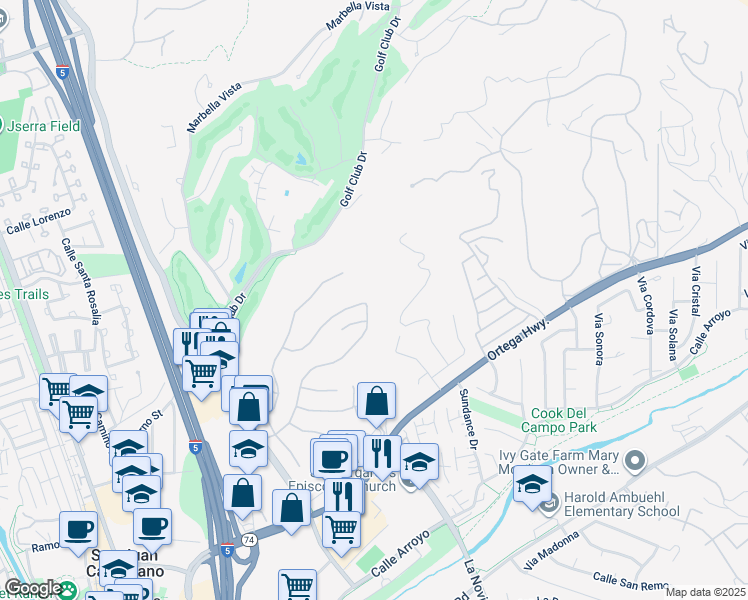 map of restaurants, bars, coffee shops, grocery stores, and more near 27562 Calle De La Rosa in San Juan Capistrano
