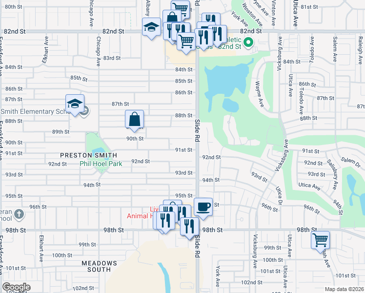 map of restaurants, bars, coffee shops, grocery stores, and more near 5207 90th Street in Lubbock